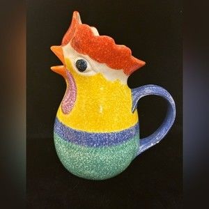 Italian pottery vintage rooster pitcher hand painted and marked on bottom